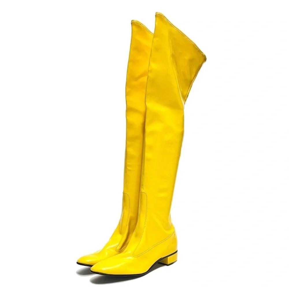 Vintage 1960s deadstock banana yellow vinyl over the knee pull on gogo boots